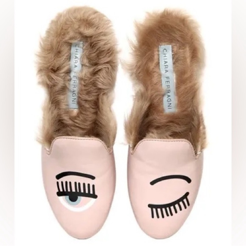New! CHIARA FERRAGNI Flirting Eye Fur Leather Mules - Picture 3 of 11